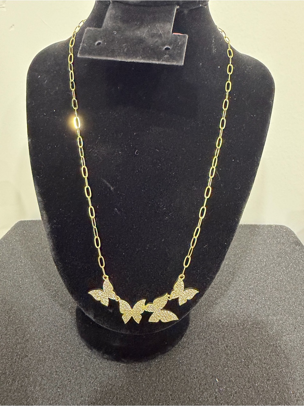 Freida Rothman Gold Tone Butterfly Pendant W/Pave Paperclip Chain Necklace -
